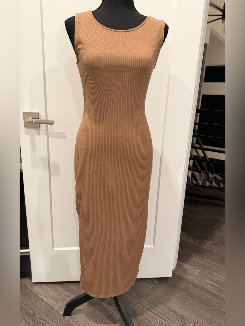Sleeveless Ribbed Midi Dress in Camel Brown